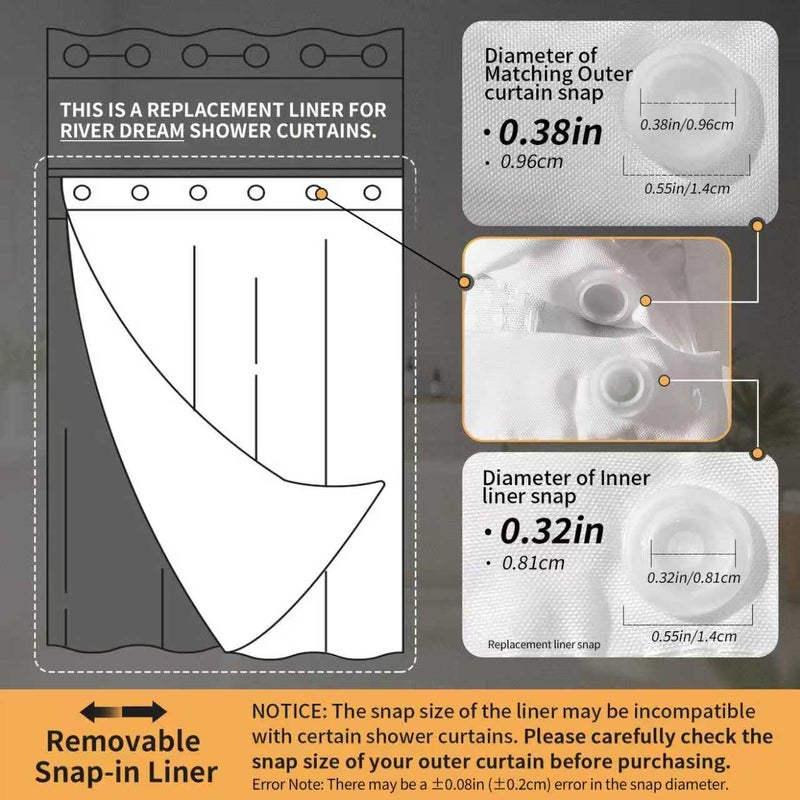 River Dream 2 Pack Snap in Shower Curtain Liner Replacements 70 x 54, White, with Magnets ï¼ŒRemovable Liner ï¼ŒPlastic(PEVA) - Image 4